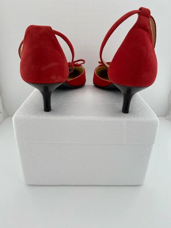 J. Crew Red Suede Pointed-Toe Ankle-Strap Heels with Tassel Bow - Picture 4 of 5
